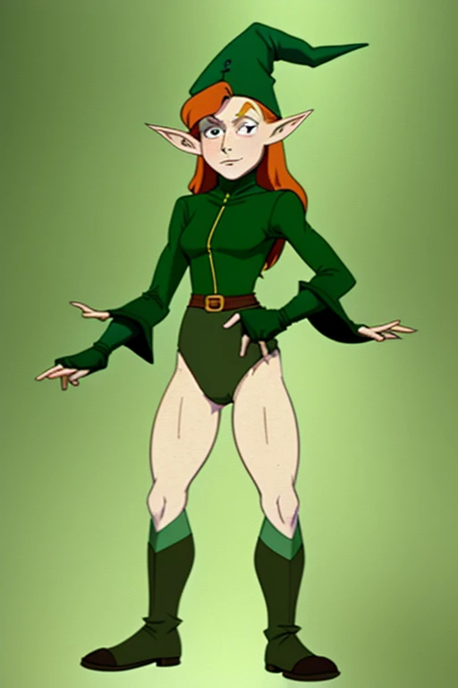 a redhead cartoon character dressed in a green outfit, leotard, very muscular, young half elf wizard, a young male wizard, half-elf time wizard, granny weatherwax, 1980s cartoon, animated episode still, norman rockwel, witch academia, portrait of a young elf wizard, tiny evil alchemist gnome, presto, (((mad))), gadget hackwrench