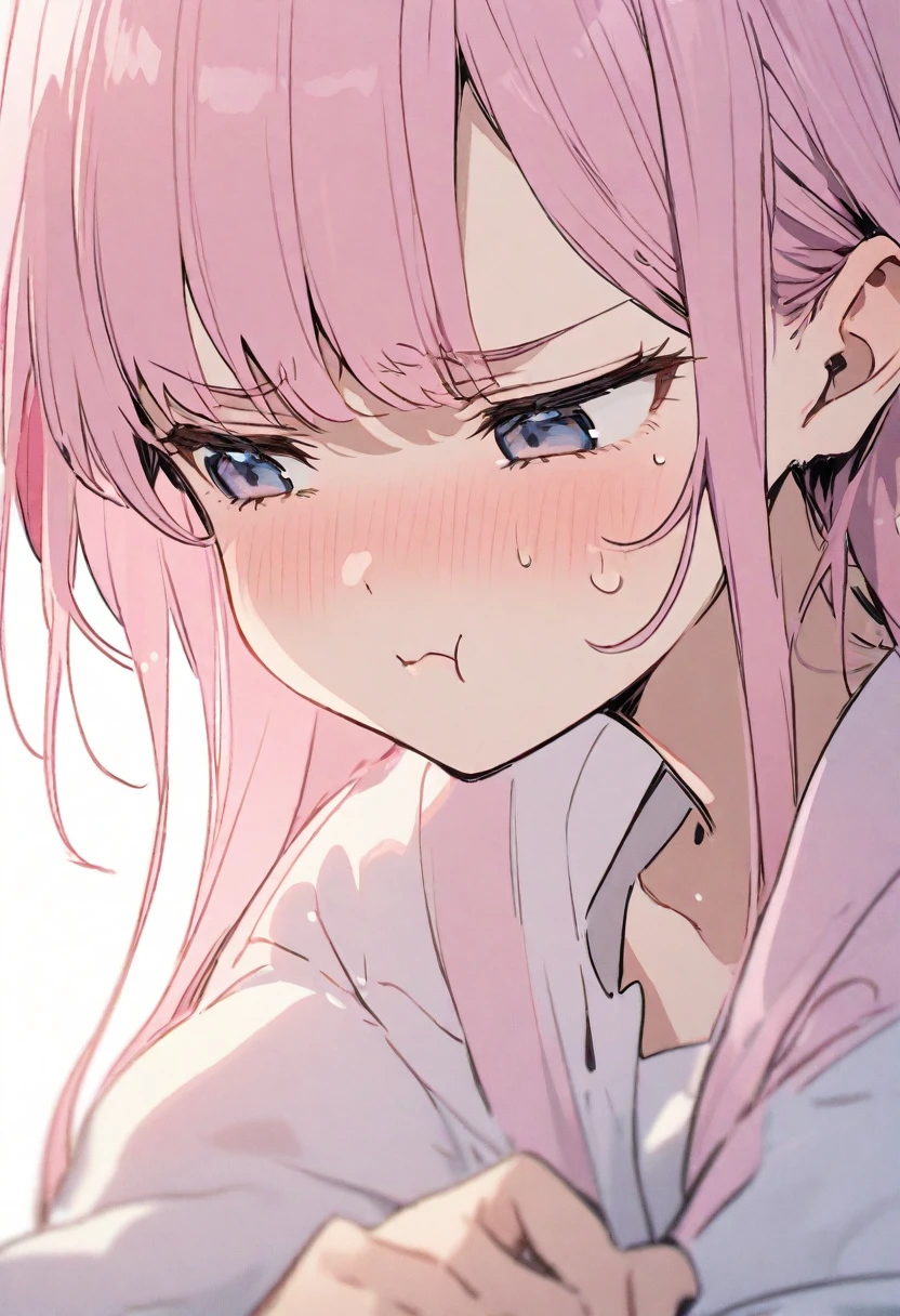 pale pink hair,angry,narrowed eyes,tears,blushing,