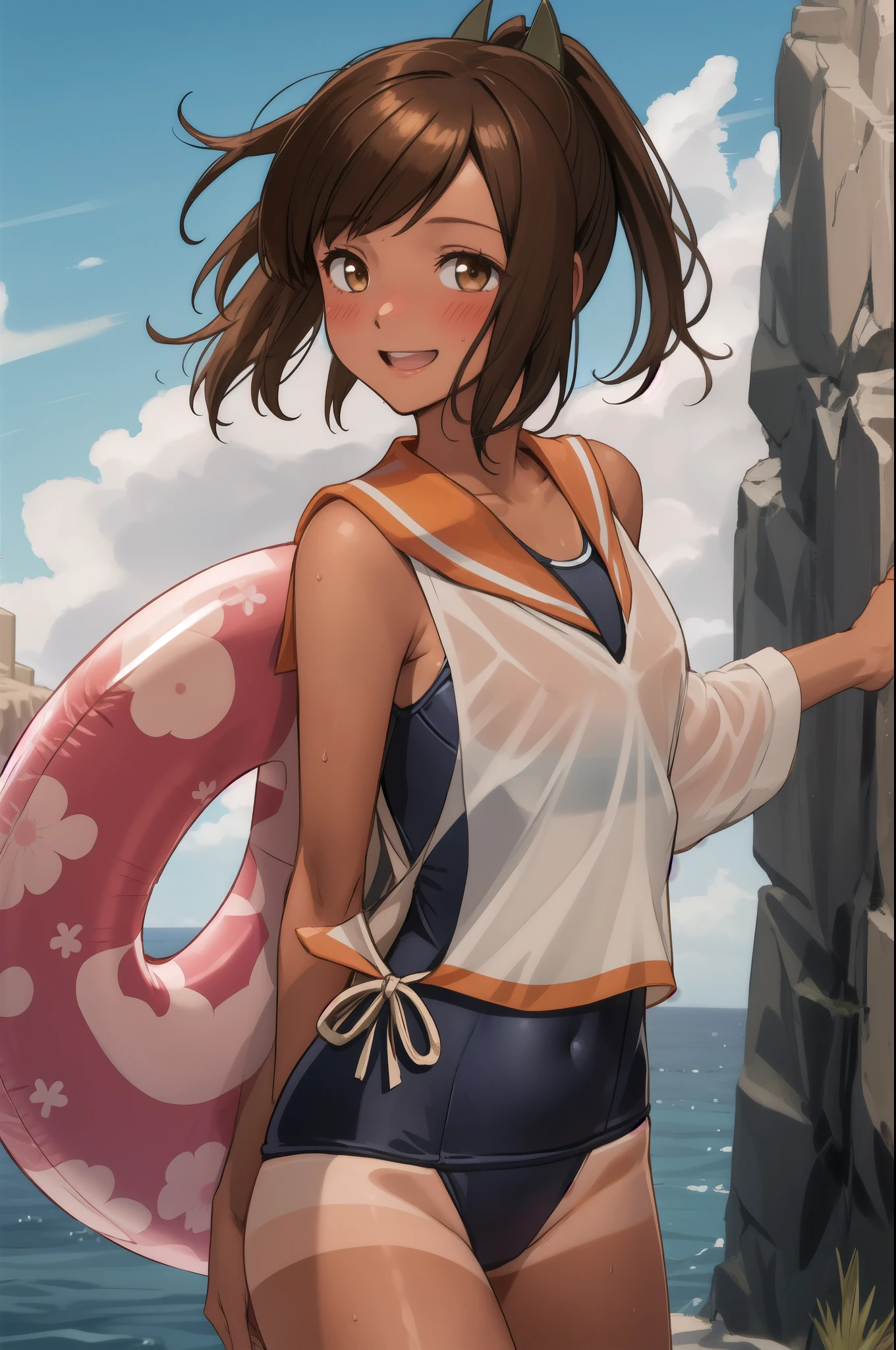 ((masterpiece)),(Highest quality),Official Art,Highly detailed CG,unity 8k wallpaper,Super detailed,Lighthouse on top of a cliff by the sea,One girl,一人in,Cowboy Shot,brown_hair,Dark Skin,Sunburn,School_Swimwear,brown_eye,smile,one piece_Swimwear,Swimwear_Down_Clothes,Sailor_collar,short_hair,Looking_in_Audience,blush,School_uniform,short_ponytail,