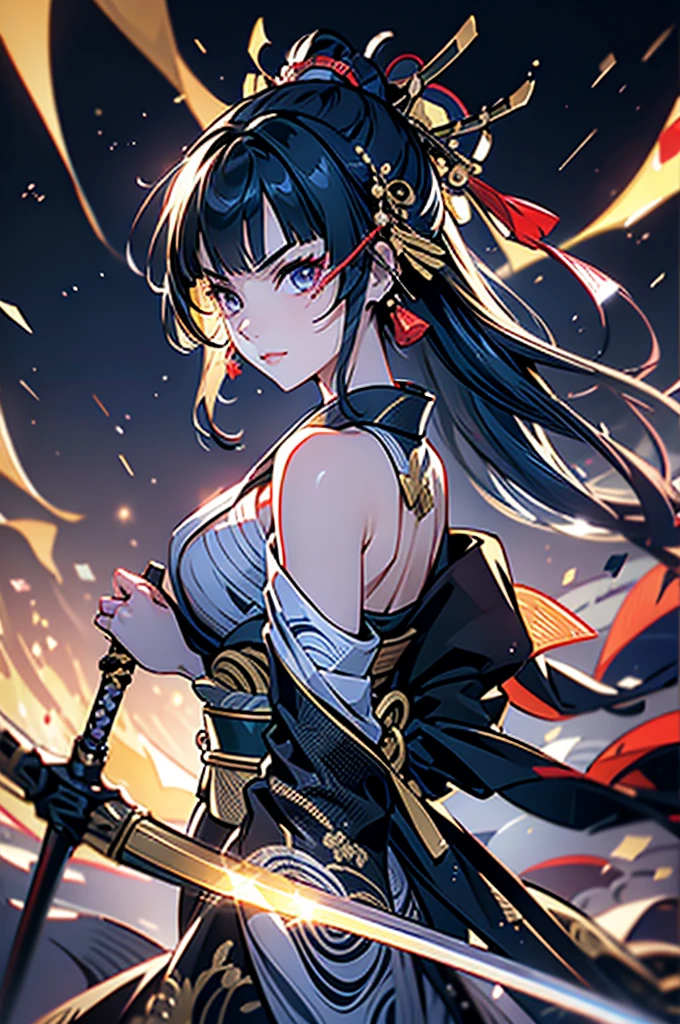 ((roll up bandage sideways on a chest tightly to cover the chest without gaps)), flat chest,Japanese Gangster BOSS, adult woman with the dignified presence, Killing Qi, don't wear around shoulder, don't wear around neck,wear the kimono from the waist down, ((kimono come off)) ,wear the kimono multiple times, Bare shoulders and the clavicle, black and gold kimono, put on over jacket of kimono, holding a japanese sword which shine in purple, The pattern of the sword is black, and the blade is silver, long sword, eye fire, low angle, whole body, bandage is seen, anime character, Glaring, off sholder, nappropriate smile, Excellent, black blue hair, can see both shoulder, long hem