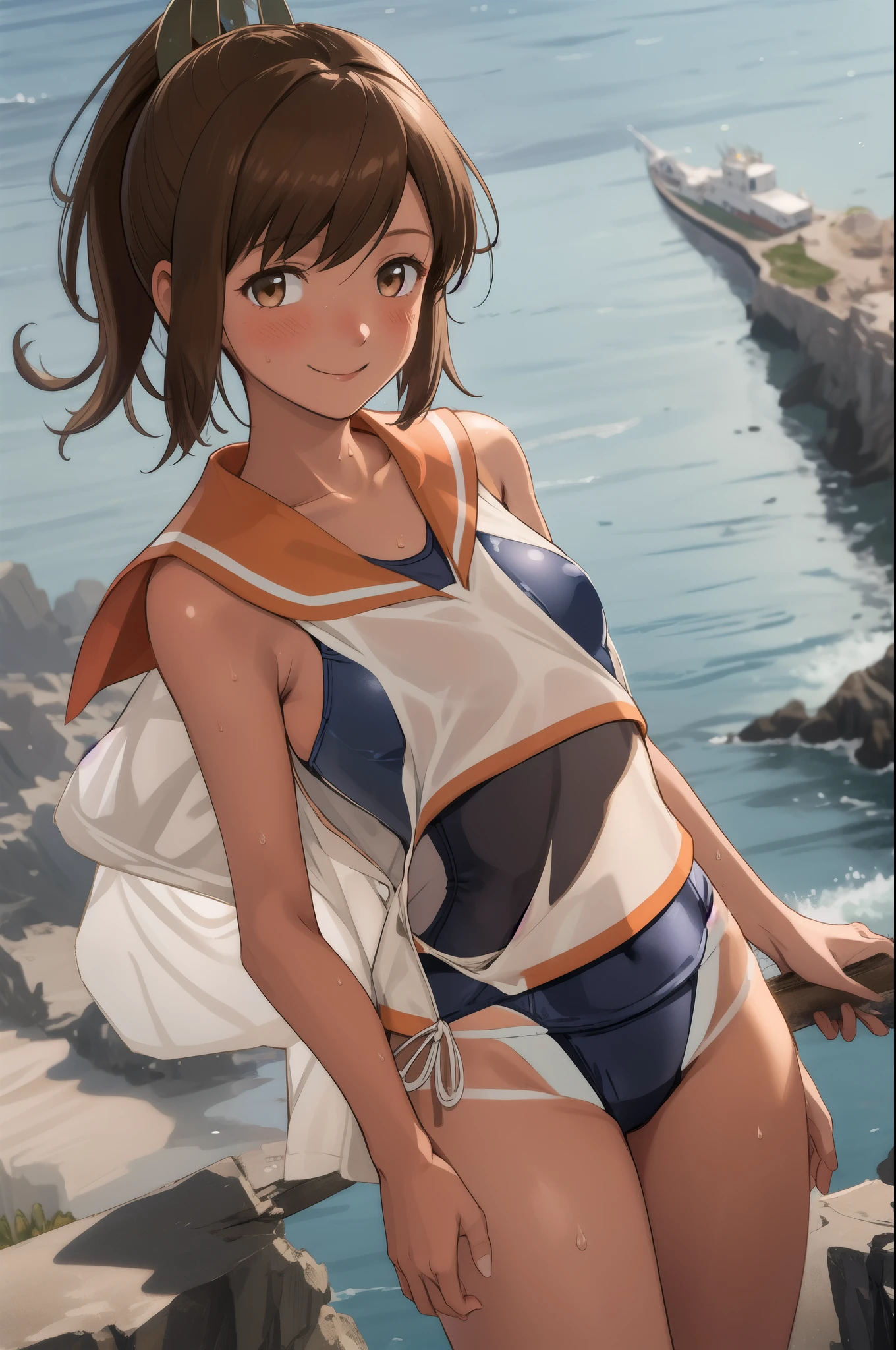 ((masterpiece)),(Highest quality),Official Art,Highly detailed CG,unity 8k wallpaper,Super detailed,Lighthouse on top of a cliff by the sea,One girl,一人in,Cowboy Shot,brown_hair,Dark Skin,Sunburn,School_Swimwear,brown_eye,smile,one piece_Swimwear,Swimwear_Down_Clothes,Sailor_collar,short_hair,Looking_in_Audience,blush,School_uniform,short_ponytail,