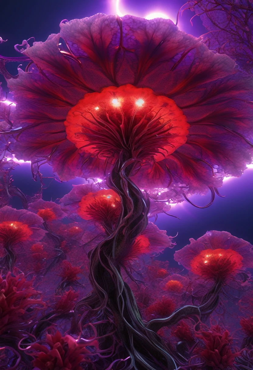 1÷10×√(50)×tan(78)+125^(2)÷√(8.888), fractal,organic matter, cellular colony, deep wiew, Magical plant from the abyss, the ghost flower, ghost flower,Blood-red tentacles stare at the dead,carismatic,Incredible,Terror,Wrapped purple magic lightning, epic magic power, The corolla shines brightly, Electric Power Branch, epic thunderstorm, terror shock, surreal, Crazy, Whimsical, Octagonal rendering, intricate, best quality, ultra high resolution ,hyperdetailed, masterpiece, 3d modelling, abstract art, digital art.