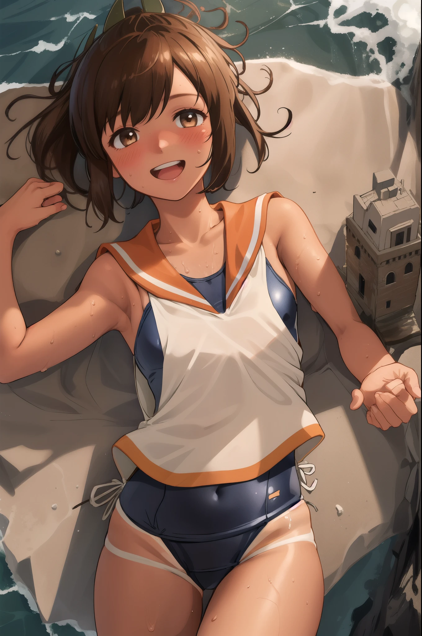 ((masterpiece)),(Highest quality),Official Art,Highly detailed CG,unity 8k wallpaper,Super detailed,Lighthouse on top of a cliff by the sea,One girl,一人in,Cowboy Shot,brown_hair,Dark Skin,Sunburn,School_Swimwear,brown_eye,smile,one piece_Swimwear,Swimwear_Down_Clothes,Sailor_collar,short_hair,Looking_in_Audience,blush,School_uniform,short_ponytail,