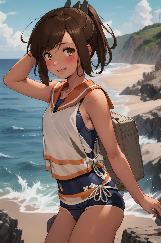 ((masterpiece)),(Highest quality),Official Art,Highly detailed CG,unity 8k wallpaper,Super detailed,Lighthouse on top of a cliff by the sea,One girl,一人in,Cowboy Shot,brown_hair,Dark Skin,Sunburn,School_Swimwear,brown_eye,smile,one piece_Swimwear,Swimwear_Down_Clothes,Sailor_collar,short_hair,Looking_in_Audience,blush,School_uniform,short_ponytail,