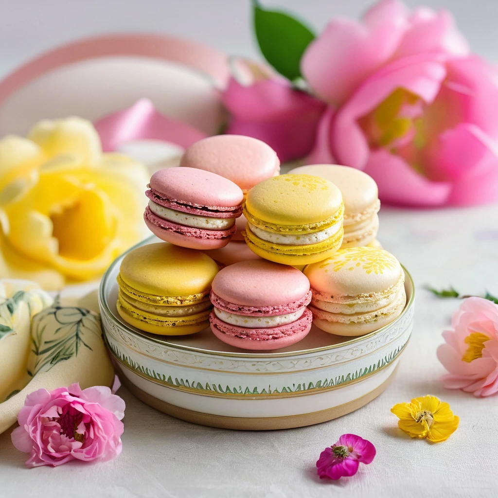 Close up colorful macarons dessert with vintage pastel tones The natural yellow floral cotton napkin, with its Close up colorful flower patterned macarons dessert with vintage pastel tones The natural yellow floral cotton napkin, with its delicate floral pattern, adds a touch of elegance to the scene. pink macaron box with elegant ribbon floral pattern, adds a touch of elegance to the scene.