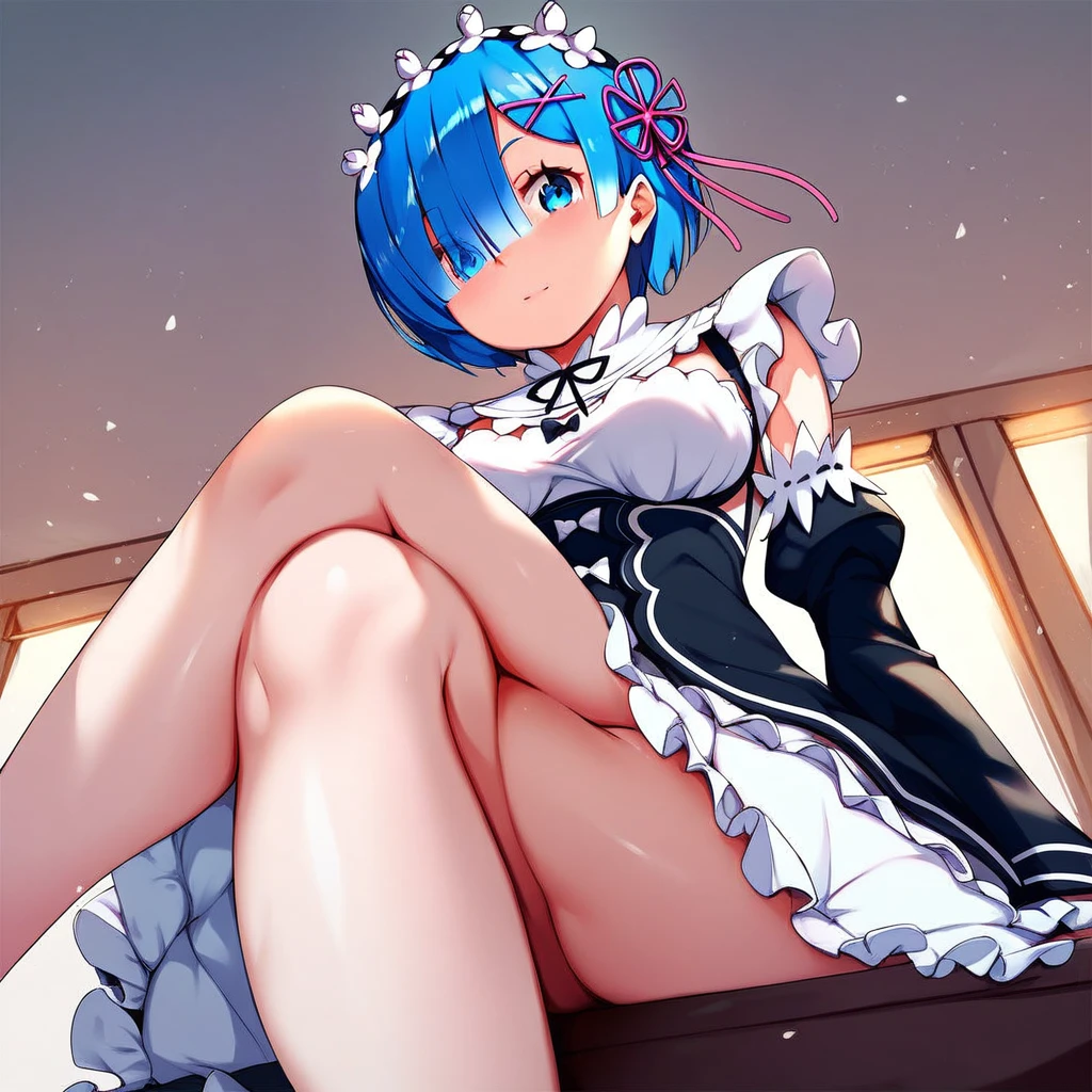 score_9, score_8_up, score_7_up, rem_\(re:zero\)
blue_eyes,hair_over_one_eye,short_hair,blue_hair,hair_ribbon,roswaal_mansion_maid_uniform, 1girl, solo, sitting, crossed legs, from below