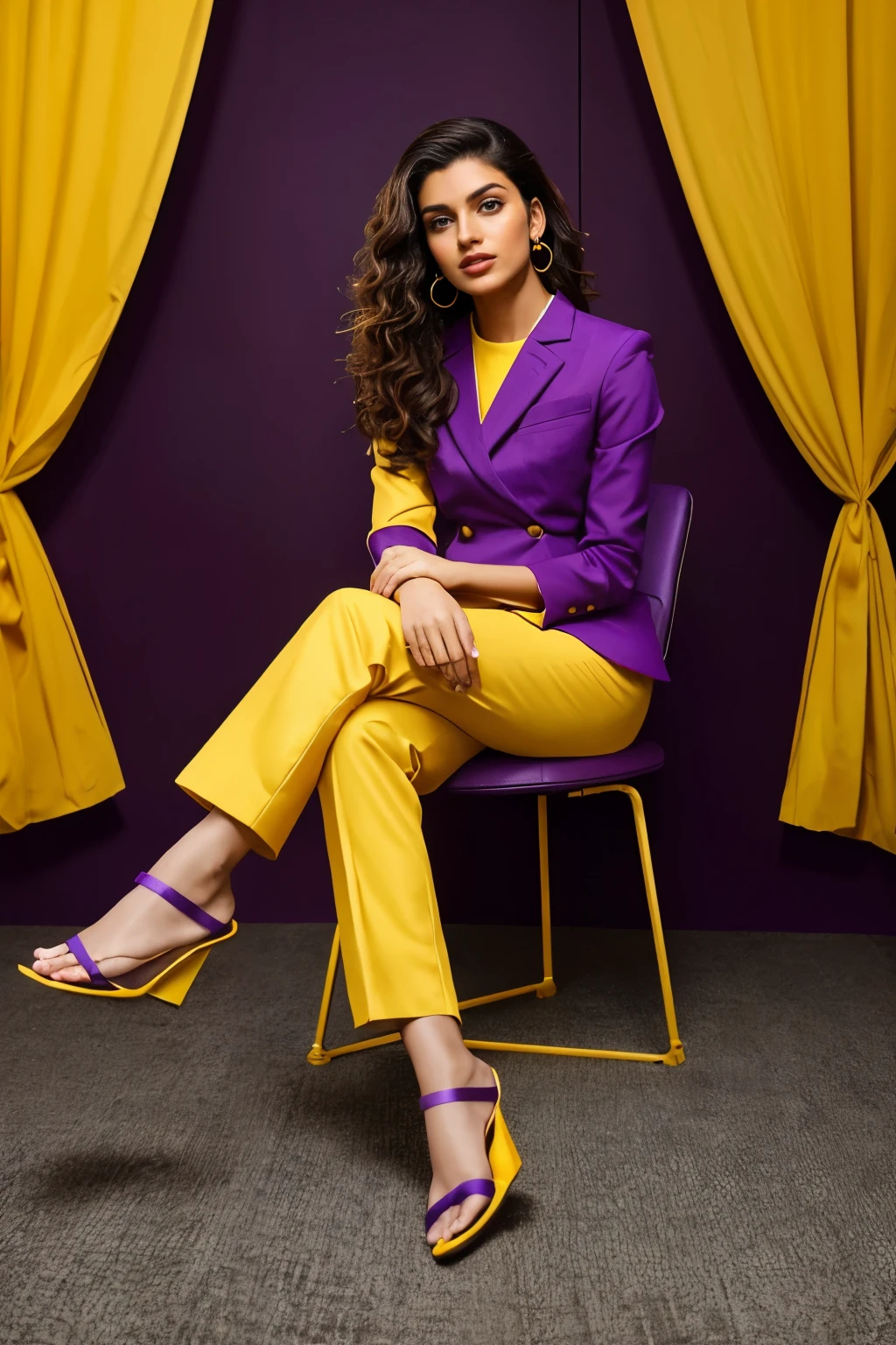 A beautiful 20 year indian model with wavy brown hair, wearing a bold and ((violet yellow geometric suit)). Colorful atmosphere, photo studio, artistic,(( black sandal square heels)) , sitting on a minimalistic chair