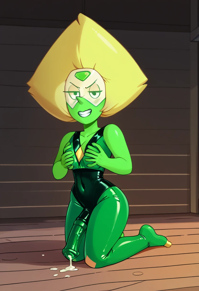 score_9,score_8_up,score_7_up,score_9,score_8_up,score_8,ultra detailed,beautiful face,beautiful hands,detailed background,detailed face,4k,HD,8k,highres,antialiasing,detailed,texture BREAK peridotSDXL,1girl,solo,looking at viewer,smile ,smug smile, blonde hair,medium breasts,dark green eyes,grin,black leotard,bodysuit,covered navel,colored skin,green skin,cowboy shot,room,room background, squatting, inflatable body, inflatable skin, latex skin, shiny skin, rubber skin, plastic skin, inflatable hair, plastic hair, shiny hair, rubber hair, latex hair, futanari, horse cock futanari, horsecock, cum dripping from tip of cock, latex cock, puddle of cum at feet, whole character in view, barefoot, hard nipples,