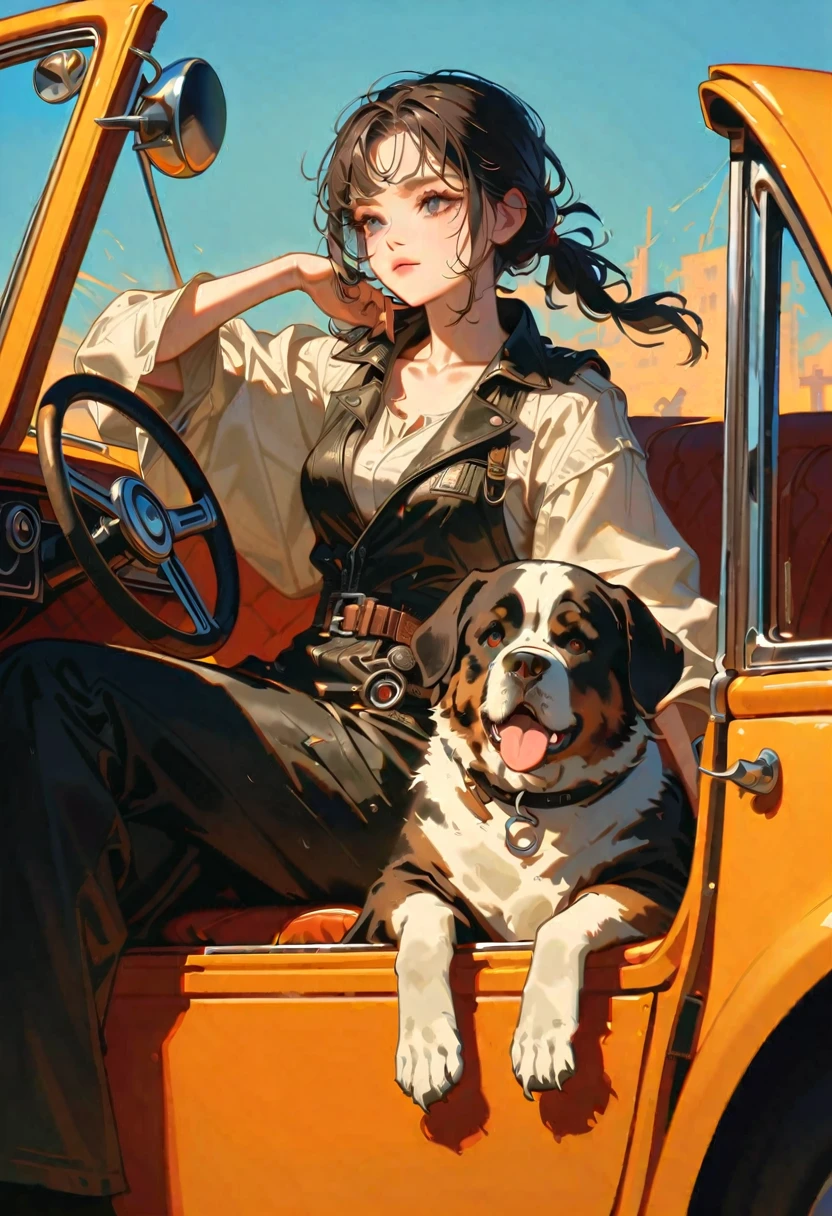 style 9, a woman with straight black hair tied in a ponytail, black eyes, wearing old post-apocalyptic clothes, sitting in an old car. with a Saint Bernard dog