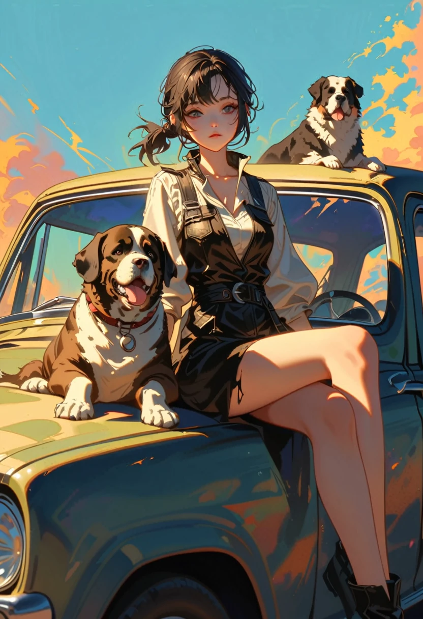 style 9, a woman with straight black hair tied in a ponytail, black eyes, wearing old post-apocalyptic clothes, sitting in an old car. with a Saint Bernard dog
