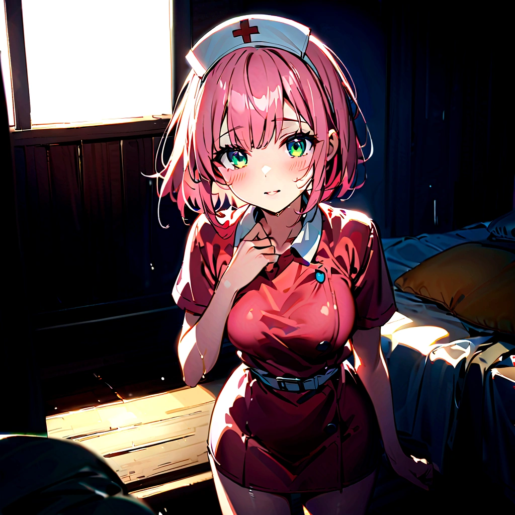Nurse standing beside the bed、To care for the sick。Place a wet towel on your forehead、Pink haired nurse