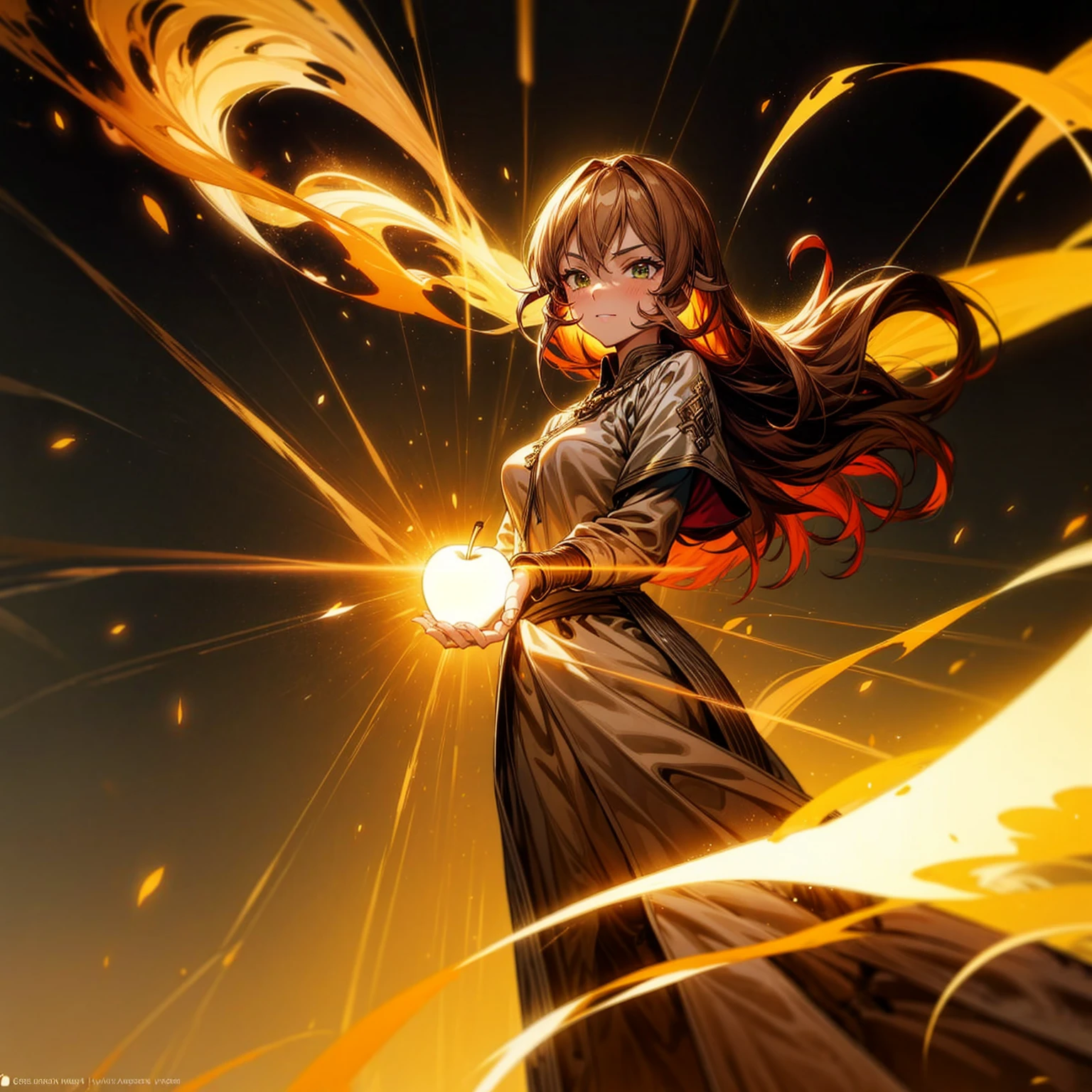 1girl, Full body version, 1character, adult version, green eyes color, long haircut, brown colour hair, Happy expression, Bandage on his hand, medieval style clothing, gold Apple in hand, background in town, motion blur, aura effect, lighting gold Apple, smoke aura in hand, lighting fire, fire effect, sunlight, Light silhouette, golden light aura, apple emitting smoke aura, (pokemon style)