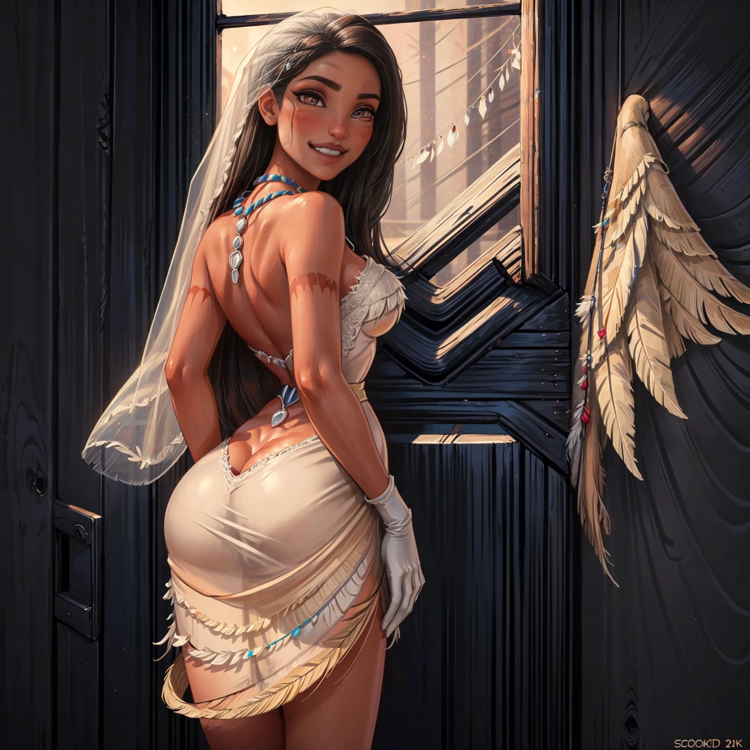 PocahontasXLP, ((long hair, black hair, glowing brown eyes, wide eyes, lipstick, makeup, narrow waist, skinny, medium breasts, necklace, alone, gloves, black skin, dark skin)), pelvic curtain, ((beige dress, feathers, wedding dress, Scooped up the ass, gloves)), full body, perfect body, (insanely detailed, beautiful detailed face, masterpiece, best quality) , (((solo))), (((1girl))), (((mature))), (extremely detailed 8k paper CG wall unit: 1.1), (wedding, Indigenous Tribe, dusk), (smile face for the viewer), big ass, from back, behind
