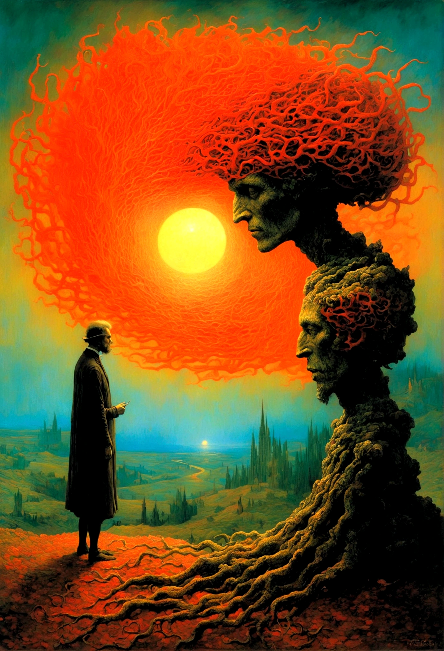 Mythical creatures, author：Zdzislaw Beksiński and Vincent van Gogh, romantic, Surrealism, Futuristic , Coral,landscape