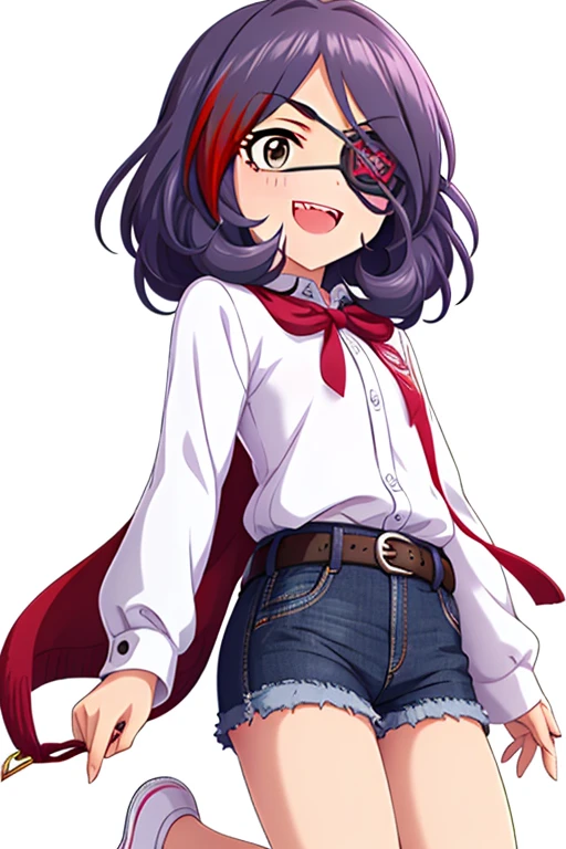 2D, anime, anime coloring, (solid white background:1.3) Hayasaka Mirei, purple hair, multicolored hair, fang, brown eyes, short hair, eyepatch, cowboy shot, full body, stand, idle, open mouth, smile, white shirt, long sleeves, denim shorts, shorts rolled, belt, white sneaker shoe,