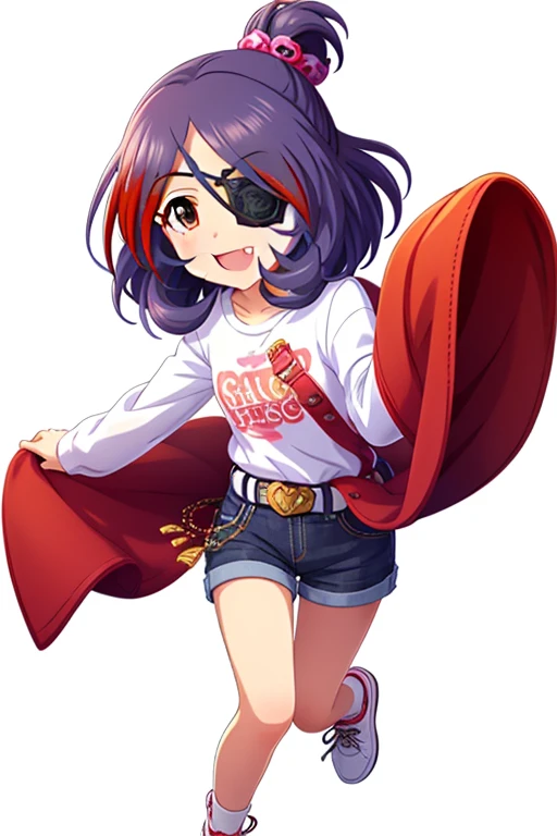 2D, anime, anime coloring, (solid white background:1.3) Hayasaka Mirei, purple hair, multicolored hair, fang, brown eyes, short hair, eyepatch, cowboy shot, full body, stand, idle, open mouth, smile, white shirt, long sleeves, denim shorts, shorts rolled, belt, white sneaker shoe,