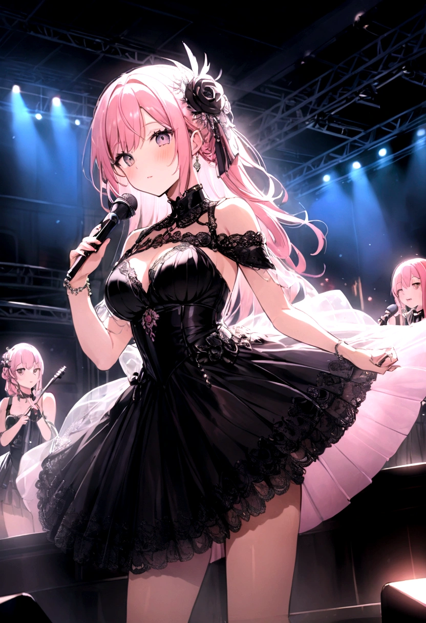 A stunning young woman with flowing chestnut hair streaked with vibrant pink, dressed in flashy nightclub attire, revels in music and dancing in a dimly lit club. This vivid depiction, reminiscent of a high-quality photograph, showcases her infectious energy and beauty as she moves gracefully amidst the pulsating lights and throbbing beats. Every detail, from the subtle highlights in her hair to the sparkle of her outfit, adds to the overall allure of the scene, making it a mesmerizing and captivating portrayal of nighttime entertainment