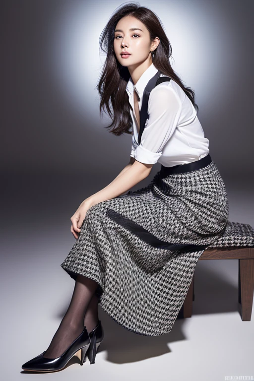(8K, Highest quality, Ultra-high resolution、masterpiece、Raw photo)、Portrait, Ultra high resolution raw color photos, Professional photos、(Realistic, Real photo),(1 person)、(Delicate face、Detailed face and eyes、High definition eyes、double eyelid、Glossy lips)、Beautiful woman with perfect body、Full body image, Glowing Skin、Dark brown hair、Large Breasts、Sharp long legs、(Happy expression)、(Collared shirt)、(Houndstooth midi skirt:1.3)、(silk pantyhose)、High heels、Sitting pose, High-definition skin texture、Night in the background、Wind、Starry Sky、moon、((Perfect body、Perfect Anatomy、Anatomically correct))