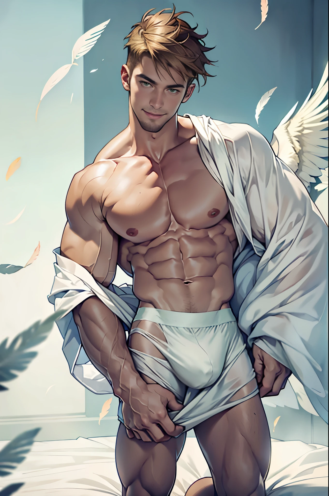 Clear background、A handsome tall man standing,Covered in transparent white sheets,Kneeling on the bed,pillow fight,holding pillow in hand,White feathers are floating everywhere,He is 28 years old,Thin waist,The pectoral muscles are well developed, He is 175cm tall,Weight 62 kg、yellow-green eyes、brown hair color、short hair、Topless、underwear、looking into camera,Smile,Lots of falling feathers,