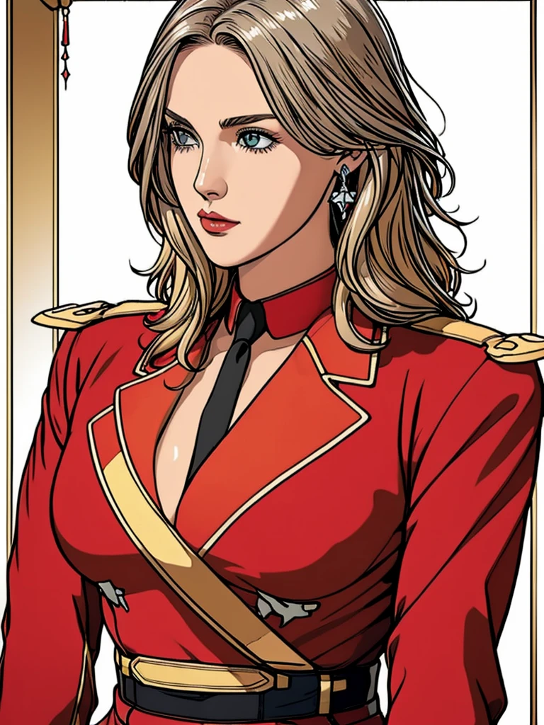 (masterpiece, highest quality: 1.4), detailed background, White Crystal, pupa cluster,long hair,jewelry, earrings, necklace, crown, bride, gray hair, Hello, 8K,masterpiece, quality loss,big breasts、narrow(1 girl)blonde、blue eyeother miguel、shiny skin:1.2、shiny big、 ((highest quality))、 sharp focus:1.2、Highly detailed face and skin texture、detailed eye、perfect face、perfect body、art:、nffsw、blur the background、Big breasts with a strong presence、cleavage、20-year-old,Cool and beautiful facial features for adults、 ((((Red military uniform))、black shirt、black tie))、bust shot