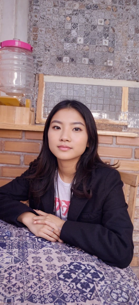 Pretty cute young woman, peruvian-asian, full clothing, coat