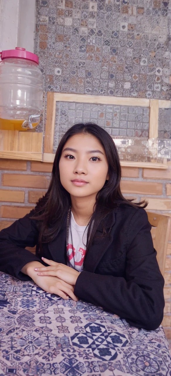 Pretty cute young woman, peruvian-asian, full clothing, coat
