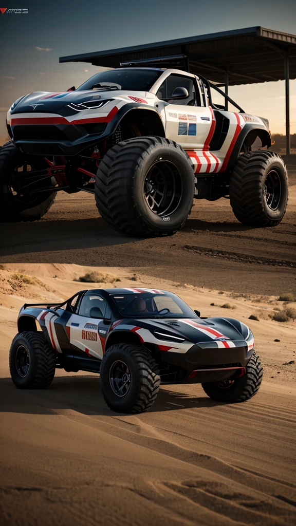 There is a Tesla Roadster Monster Truck painted in the anmerican flag design on the body with Enormous Wheels and thick off-road tyres, it is parked at a gas station at night the image is 8K Render, is of the highest quality, showcasing its details, octane render, unreal engine render, hyper-realistic.