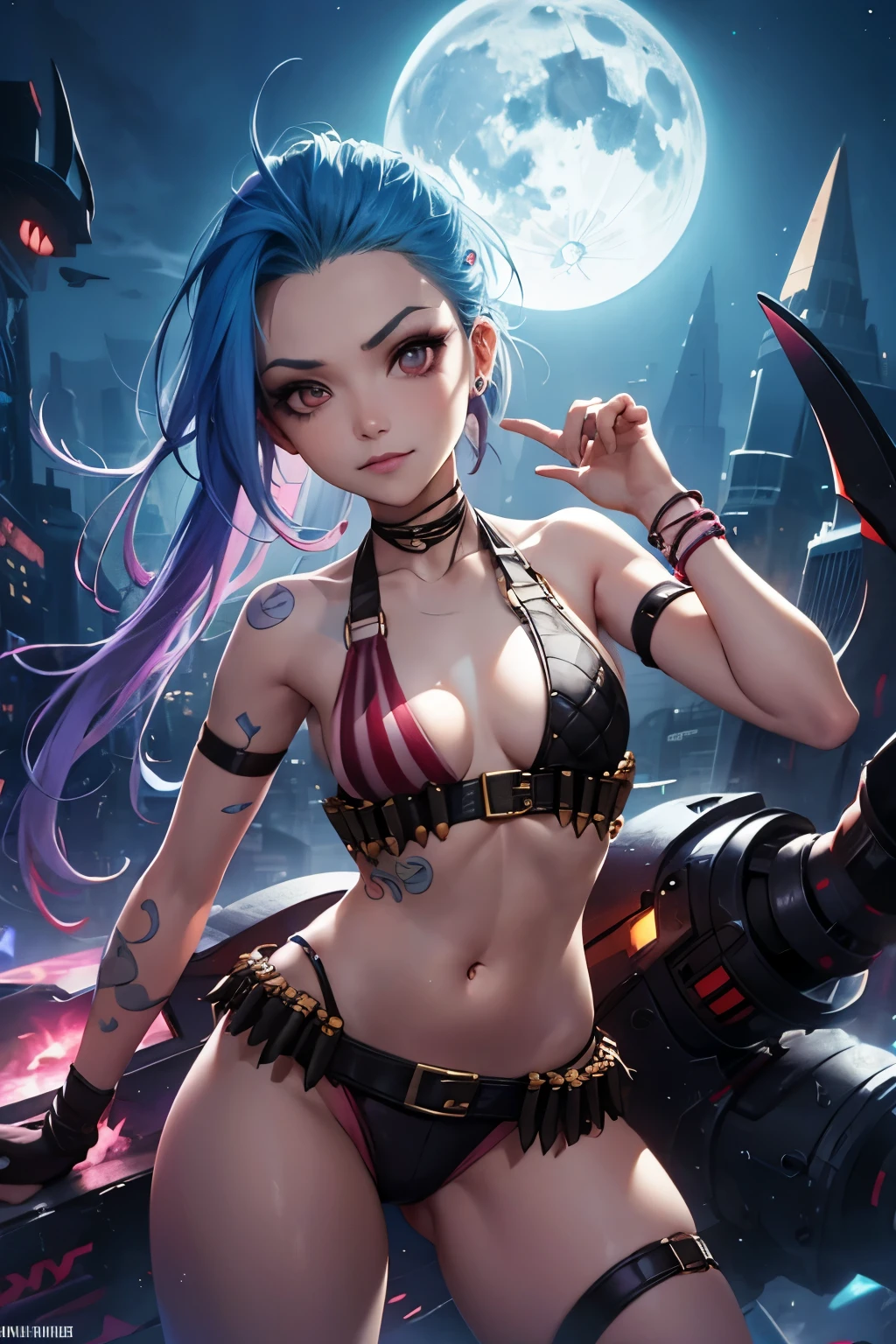 jinx, whole body, bikini top, , pose sexy, smug, defined eyes, defined body, Extremely detailed 8k ,night , moonbackground. 