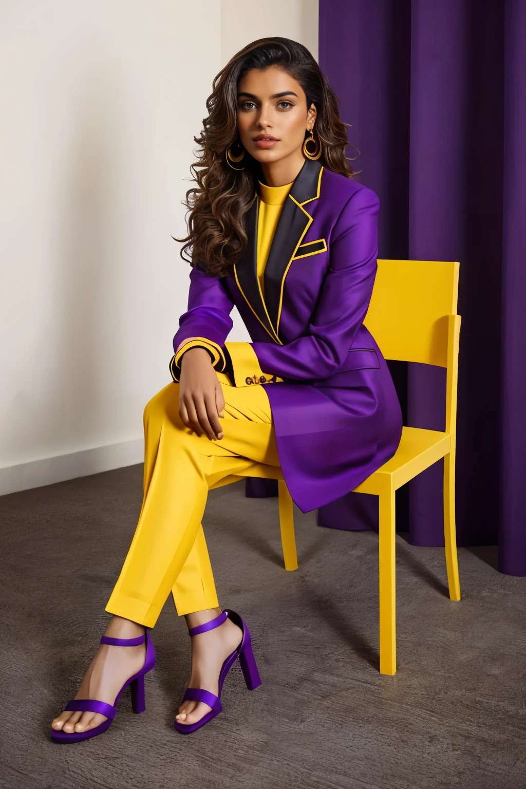 A beautiful 20 year indian model with wavy brown hair, wearing a bold and ((violet yellow geometric suit)). Colorful atmosphere, photo studio, artistic,(( black sandal square heels)) , sitting on a minimalistic chair