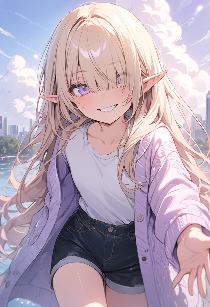 ((Masterpiece)), ((best quality)), ((kawaii)), ((extremely detailed)), 4K, (8K), (super detail:1.2), (High Definition:1.3), (Professional Photography:1.2), cinematic lighting, (sharp focus), (perfect light), ((1girl)),((12 years old)), (1girl), cute young girl, BREAK, (smirk face:1.3), (Beautiful purple eyes:1.5), (dark skin), elf girl, wear a long cardigan, small breast, slender waist, (hair over eyes:1.3), very long bangs, Shiny unruly hair, long hair, ((beautiful blond hair)), shortpants, BREAK, ((best quality)), ((extremely detailed)), 🌈, (hand Reach out to the front:1.4), (on the riverside), Beautiful cityscape Background, Large Cumulonimbus Clouds, pastel colors clouds, kawaii, cute colors,