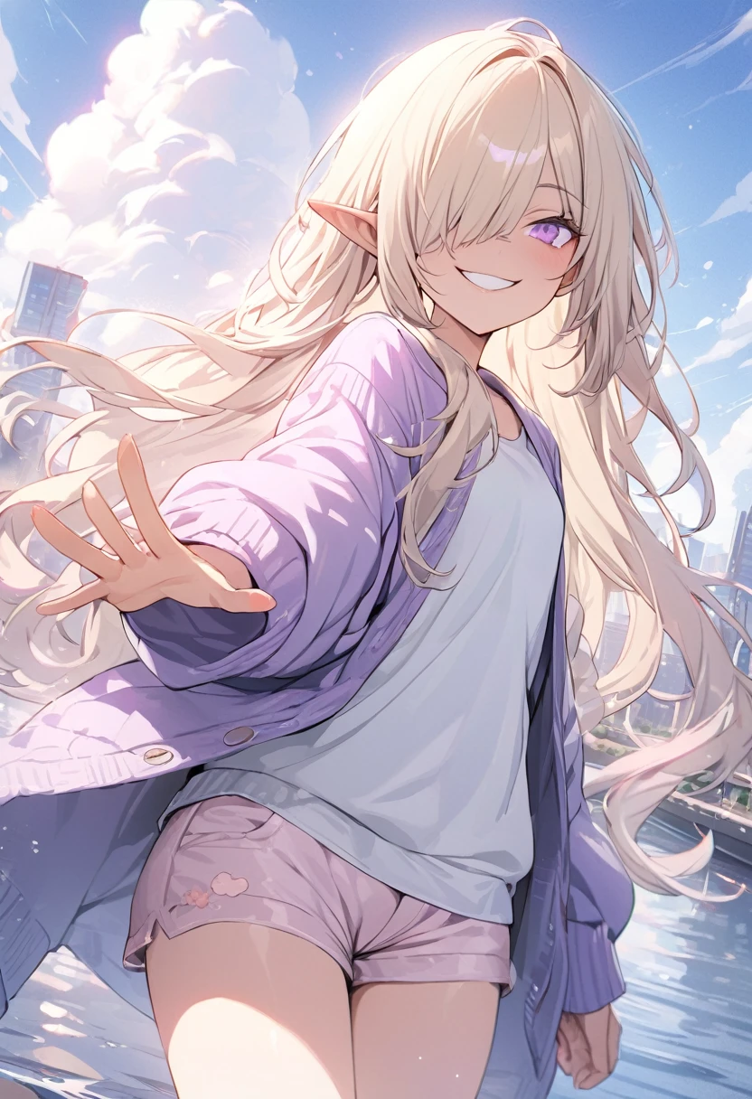 ((Masterpiece)), ((best quality)), ((kawaii)), ((extremely detailed)), 4K, (8K), (super detail:1.2), (High Definition:1.3), (Professional Photography:1.2), cinematic lighting, (sharp focus), (perfect light), ((1girl)),(()), (1girl), cute young girl, BREAK, (smirk face:1.3), (Beautiful purple eyes:1.5), (dark skin), elf girl, wear a long cardigan, small breast, slender waist, (hair over eyes:1.3), very long bangs, Shiny unruly hair, long hair, ((beautiful blond hair)), shortpants, BREAK, ((best quality)), ((extremely detailed)), 🌈, (hand Reach out to the front:1.4), (on the riverside), Beautiful cityscape Background, Large Cumulonimbus Clouds, pastel colors clouds, kawaii, cute colors,