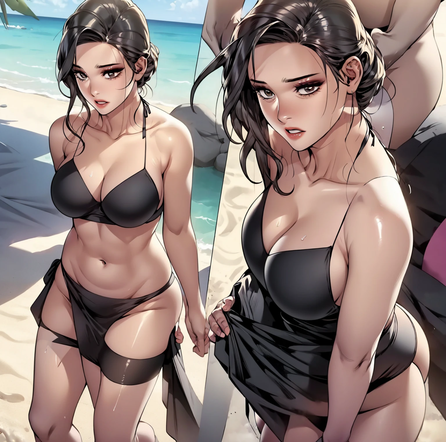 Ami in a sexy bikini on the beach, milf,big breast,thick milf,black stockings ,proper limbs ,towel tuck on best ,makeup,perfect face ,perfect eye