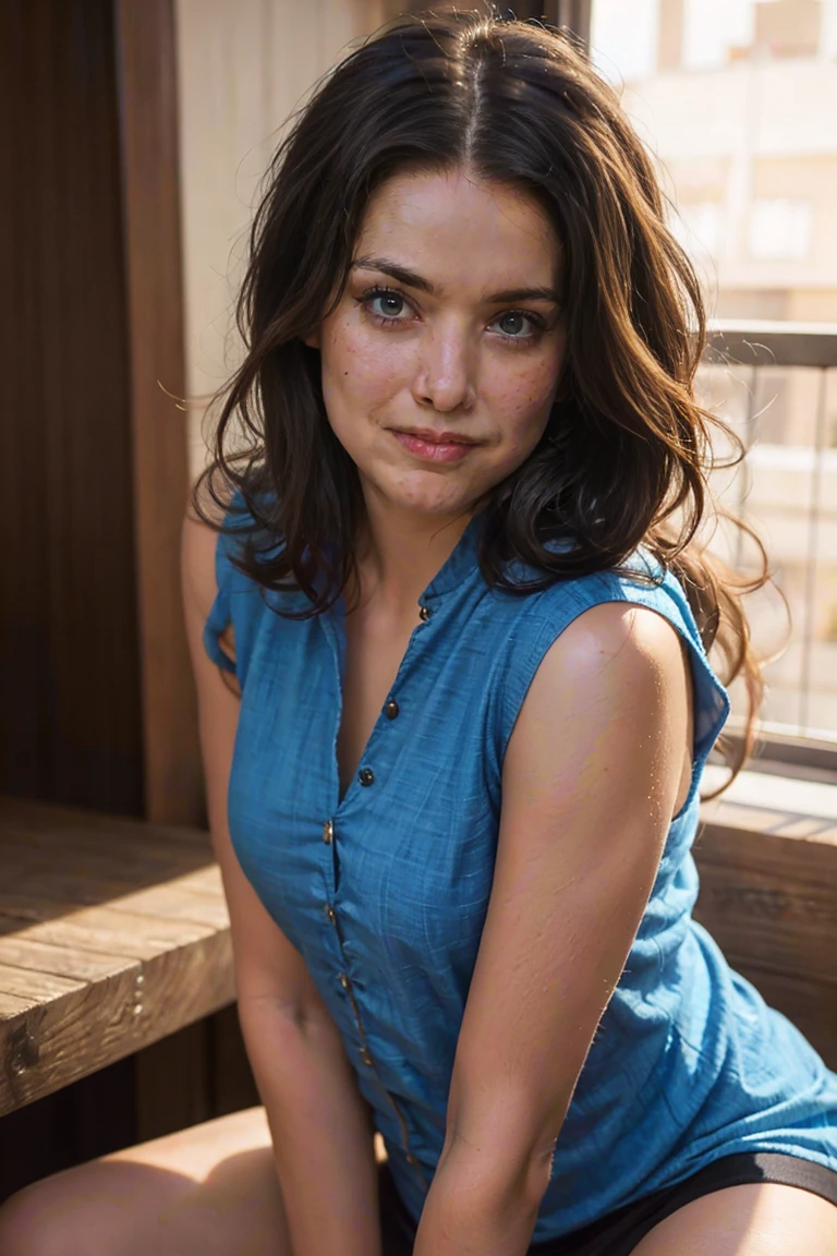 realist 18 years old spanish girl, brunette hair, beatiful clear blue eyes, natural and détailed face, wearing sport cloths, big natural , midlong hair, at home, seductive smirk