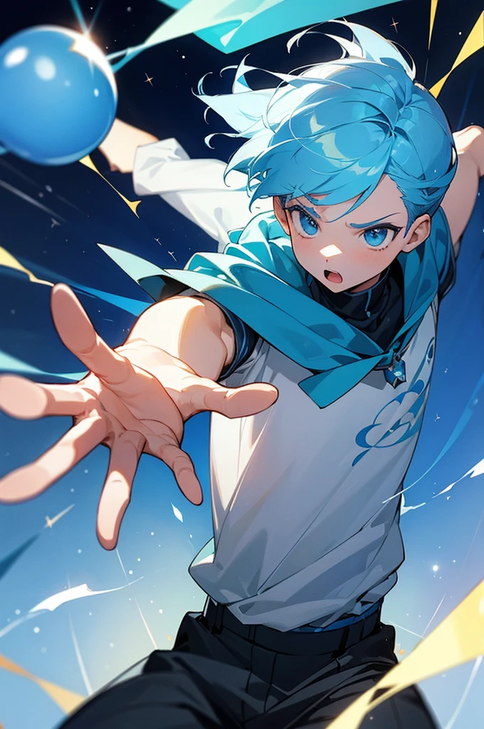 A boy around 7 years old with light blue hair, his arms outstretched in front of him, sparkling blue energy balls stored between his hands