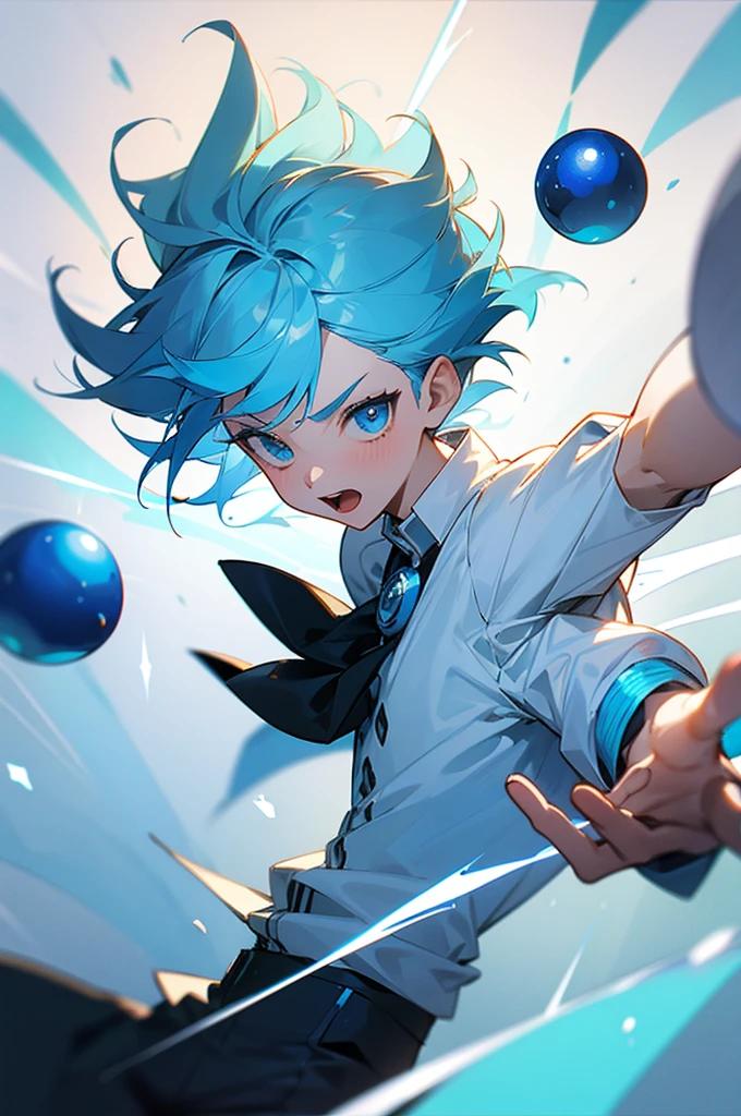 A boy around 7 years old with light blue hair, his arms outstretched in front of him, sparkling blue energy balls stored between his hands