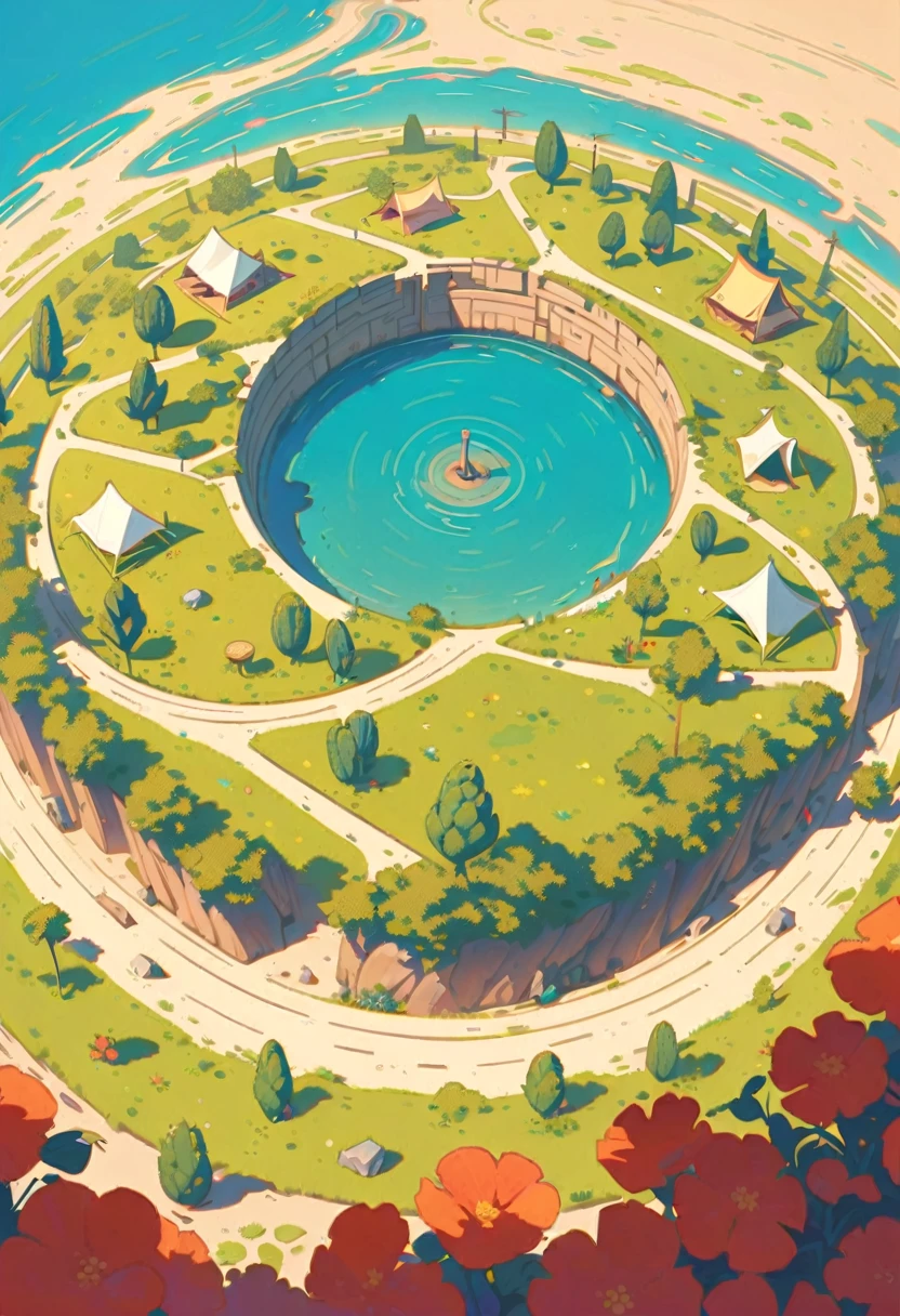 style 9, post-apocalyptic setting, a labyrinth seen as a desert. above in the shape of a huge circle with a clearing in the center with old tents, a lake and vegetables