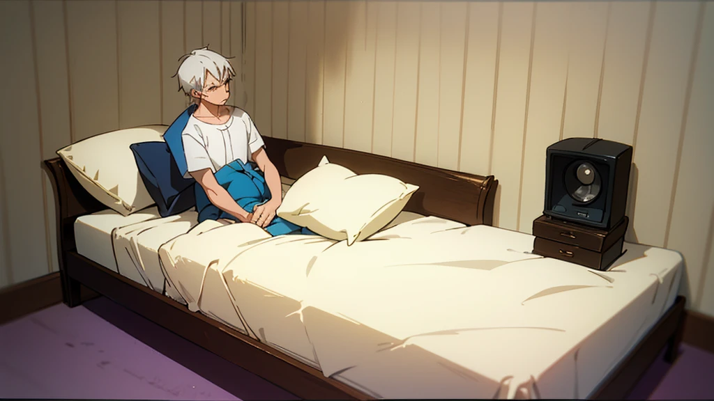 "20-year-old boy with neatly trimmed white hair. He is in an empty room, sitting on a bed, with a melancholic expression. The scene is inspired by Akon's 'Lonely' music video. The walls are plain, with a vintage telephone next to the bed. The soft lighting and sad atmosphere reflect a feeling of loneliness. He is wearing modern Y2K-style clothes, conveying a mix of nostalgia and contemporary."
Additional Description for AI:
Hair: White, modern style and neatly trimmed.
Age: 20s.
Setting: Empty room, sad and melancholic atmosphere, inspired by Akon's 'Lonely' music video.
Clothing: Y2K (2000s) style, modern.
Room Elements: Plain bed, vintage telephone, soft lighting.
This should provide a detailed description to create an AI image of the character you described in the desired setting.