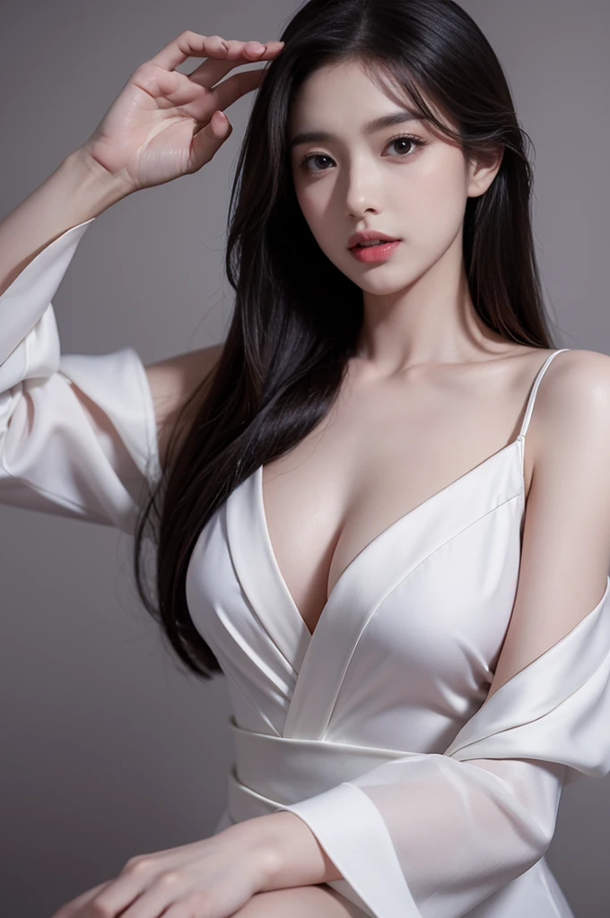 tmasterpiece，Best quality at best，A high resolution，8K，((Portrait))，(Head close-up)，Original photo，real photograph，digital photography，(The queen of the modern world)，(Female president)，20-year-old girl，straight long hair，By bangs，The amount of hair  amazing，red eyelack hair)，Big breasts，Chest groove， accessories，cparted lips，Keep your mouth shuegant and charming，Serious and arrogant，Calm and handsome，(Women's professional wear，Black)，Photo pose，Realisticstyle，greybackground，oc render reflection texture