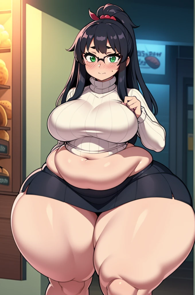 ((Masterpiece)), perfect anatomy, perfect shading, field of depth, (best quality), extremely delicate and beautiful, perfect lighting, detailed face, ultra cute face, cute, ((1girl)), ((solo))
long fluffy black hair, glasses, green eyes, ((blush)), nervous, looking at viewer, sweater, short skirt, medium breasts, ((thick thighs)), (wide hips), ((plump)), chubby belly,
intricate background, detailed background, fast food restaurant,