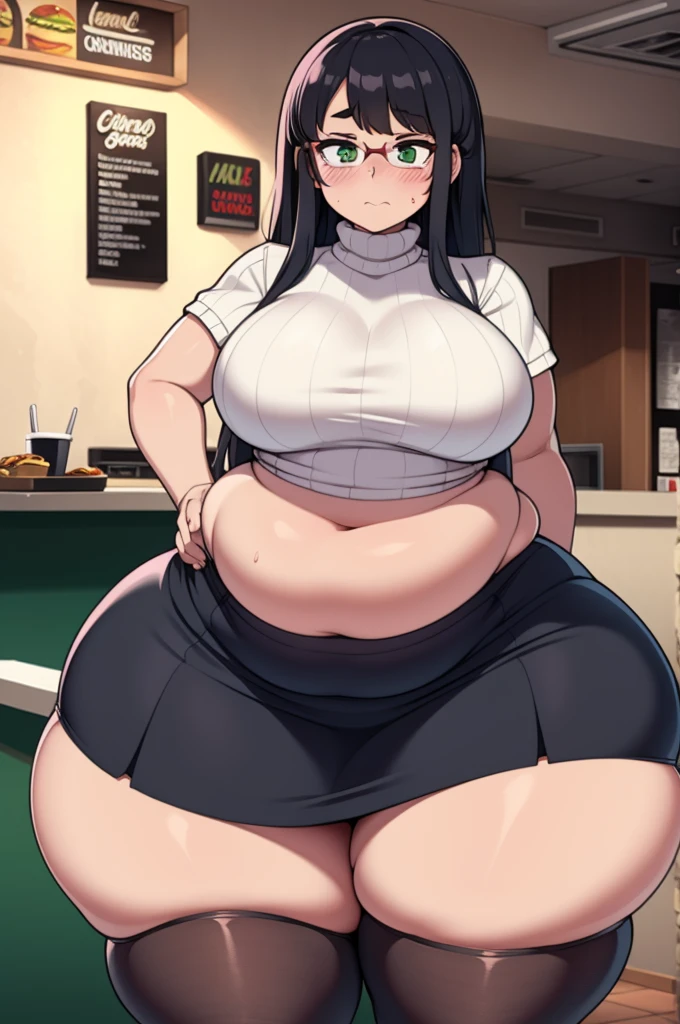 ((Masterpiece)), perfect anatomy, perfect shading, field of depth, (best quality), extremely delicate and beautiful, perfect lighting, detailed face, ultra cute face, cute, ((1girl)), ((solo))
long fluffy black hair, glasses, green eyes, ((blush)), nervous, looking at viewer, sweater, short skirt, medium breasts, ((thick thighs)), (wide hips), ((plump)), chubby belly,
intricate background, detailed background, fast food restaurant,