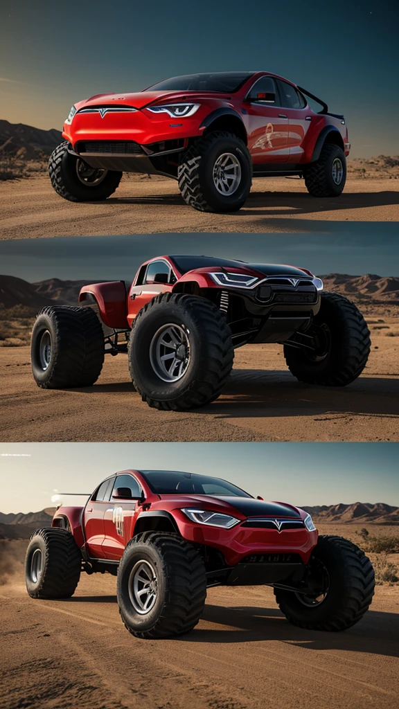 There is a Tesla Model S Monster Truck painted in the anmerican flag design on the body with Enormous Wheels and thick off-road tyres, it is parked at a gas station at night the image is 8K Render, is of the highest quality, showcasing its details, octane render, unreal engine render, hyper-realistic.