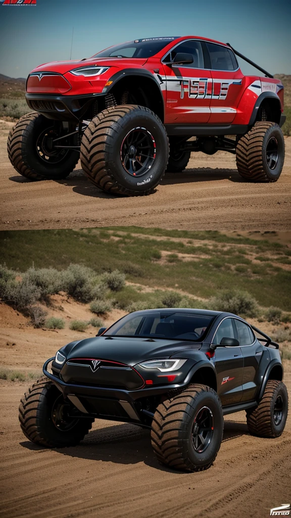 There is a Tesla Model S Monster Truck painted in the anmerican flag design on the body with Enormous Wheels and thick off-road tyres, it is parked at a gas station at night the image is 8K Render, is of the highest quality, showcasing its details, octane render, unreal engine render, hyper-realistic.
