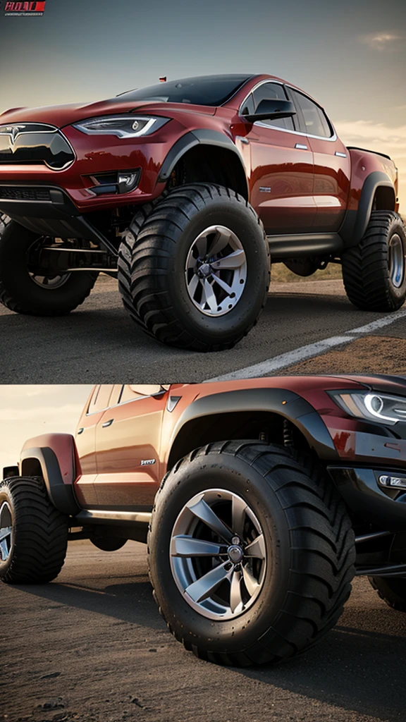 There is a Tesla Model S Monster Truck painted in the anmerican flag design on the body with Enormous Wheels and thick off-road tyres, it is parked at a gas station at night the image is 8K Render, is of the highest quality, showcasing its details, octane render, unreal engine render, hyper-realistic.