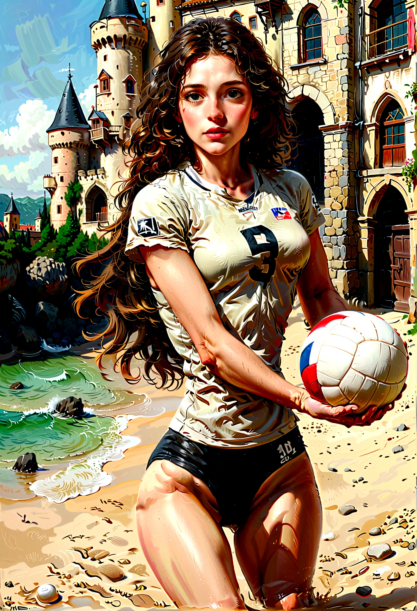 a masterful paint made by Rembrandt of a woman  ((playing volleyball: 1.3) on an on coast of the Loir river, an extraordinary beautiful ((renaissance woman: 1.3)), full body, long hair, wavy hair, dynamic hair color, dynamic eye color, ((anatomically correct: 1.5)) playing volleyball, in a beautiful beach on the Loir river, best detailed face, a French medieval castle on the river bank in the background, Ultra-high resolution, High Contrast, (masterpiece:1.5), highest quality, Best aesthetics), best details, best quality, highres, 16k, [ultra detailed], masterpiece, best quality, (extremely detailed), Intense gaze, chumbasket art style, style of Rembrandt