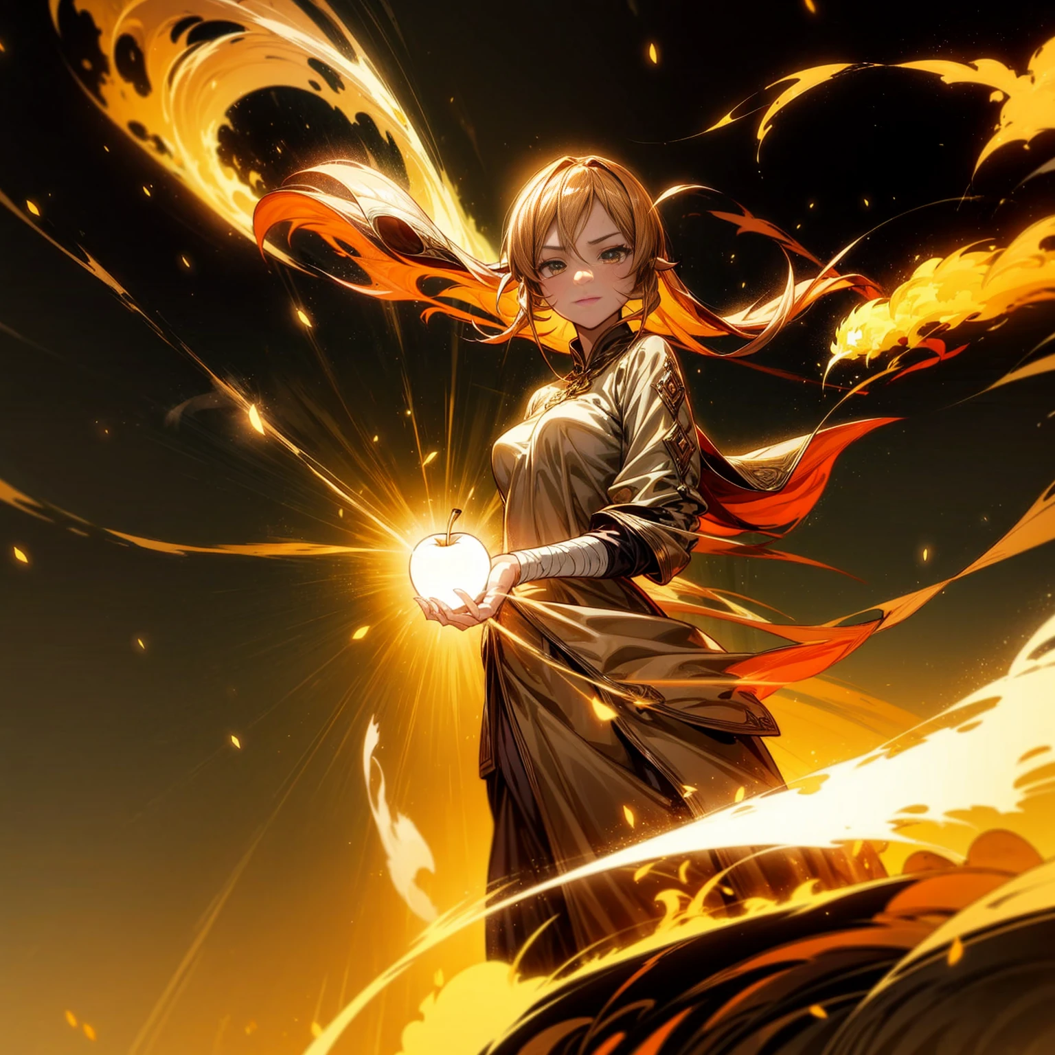 1girl, Full body version, 1character, adult version, green color eyes color, long haircut, brown colour hair, Happy expression, Bandage on his hand, medieval style clothing, gold Apple in hand, background in town, motion blur, aura effect, lighting gold Apple, smoke aura in hand, lighting fire, fire effect, sunlight, Light silhouette, golden light aura, apple emitting smoke aura, (pokemon style art)