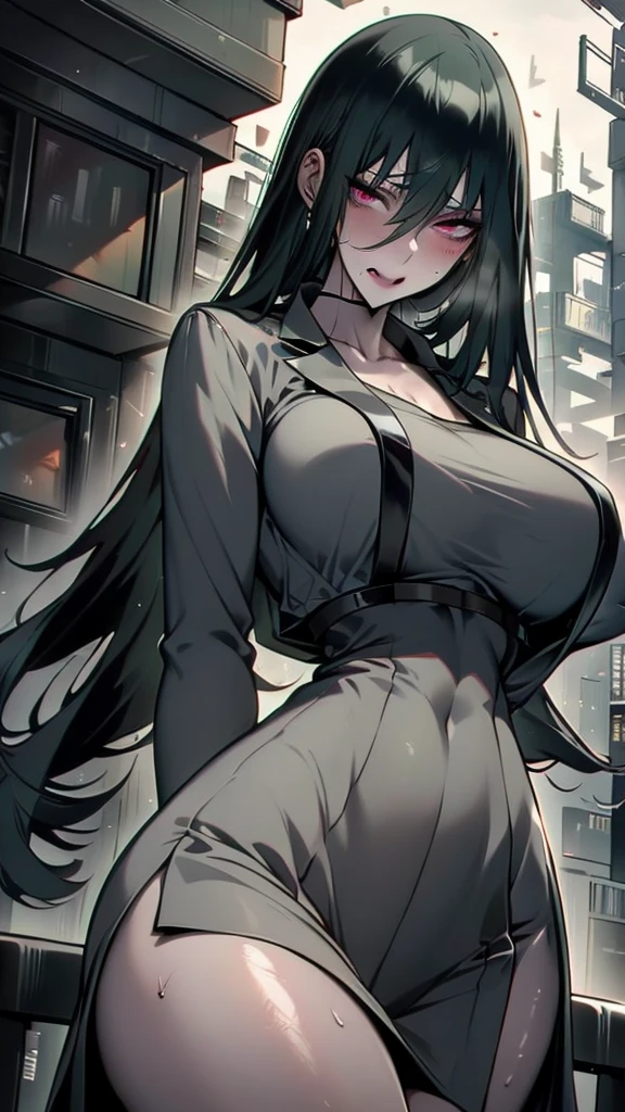 gloomy post-apocalyptic cyberpunk atmosphere in gray steel and dark green lights, ((portrait of a gloomy demon girl)), ((dark gray skin)), Long hair, (Formal wear), rests on steel railings, Good clothes, violet eyes, Cold lighting, on roof, giant hopeless city, landscape of abandoned houses, dark gloomy cityscape, Duck sky, Black Sky, It's dark night, Horror atmosphere, perfect anatomy, Masterpiece
