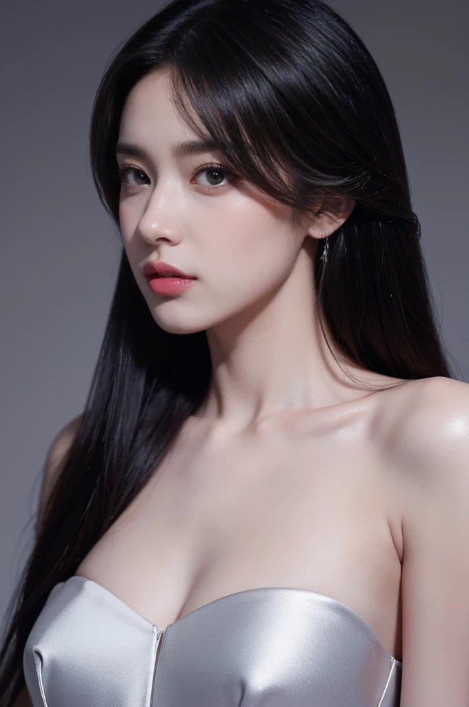 tmasterpiece,Best quality at best,A high resolution,8K,((Portrait)),(Head close-up),Original photo,real photograph,digital photography,(The queen of the modern world),(Female president),20-year-old girl,straight long hair,By bangs,The amount of hair amazing,red eyelack hair),Big breasts,Chest groove, accessories,cparted lips,Keep your mouth shuegant and charming,Serious and arrogant,Calm and handsome,(Women's professional wear,Black),Photo pose,Realisticstyle,greybackground,oc render reflection texture