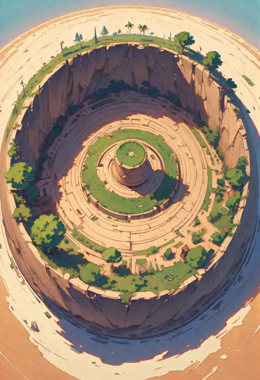 style 9, post-apocalyptic setting, a labyrinth seen as a desert. above in the shape of a huge circle with a clearing in the center with old tents