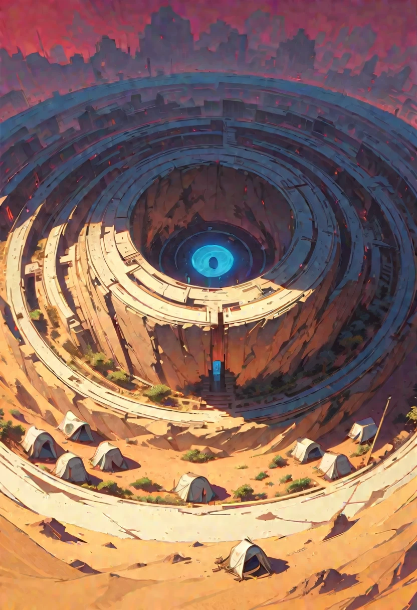 style 9, post-apocalyptic setting, a labyrinth seen as a desert. above in the shape of a huge circle with a clearing in the center with old tents