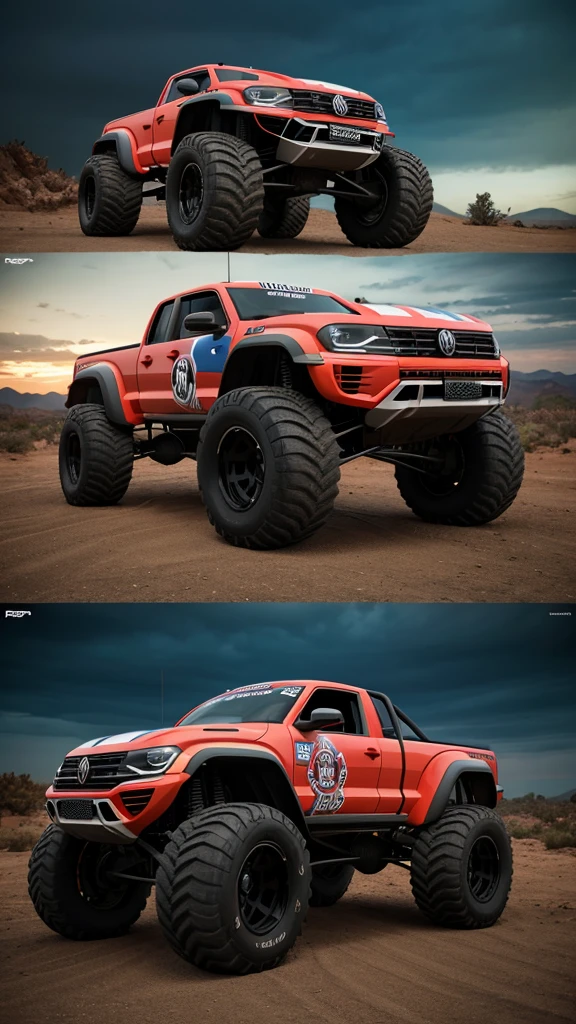 There is a Volkswagen VW Monster Truck painted in the anmerican flag design on the body with Enormous Wheels and thick off-road tyres, it is parked at a gas station at night the image is 8K Render, is of the highest quality, showcasing its details, octane render, unreal engine render, hyper-realistic.